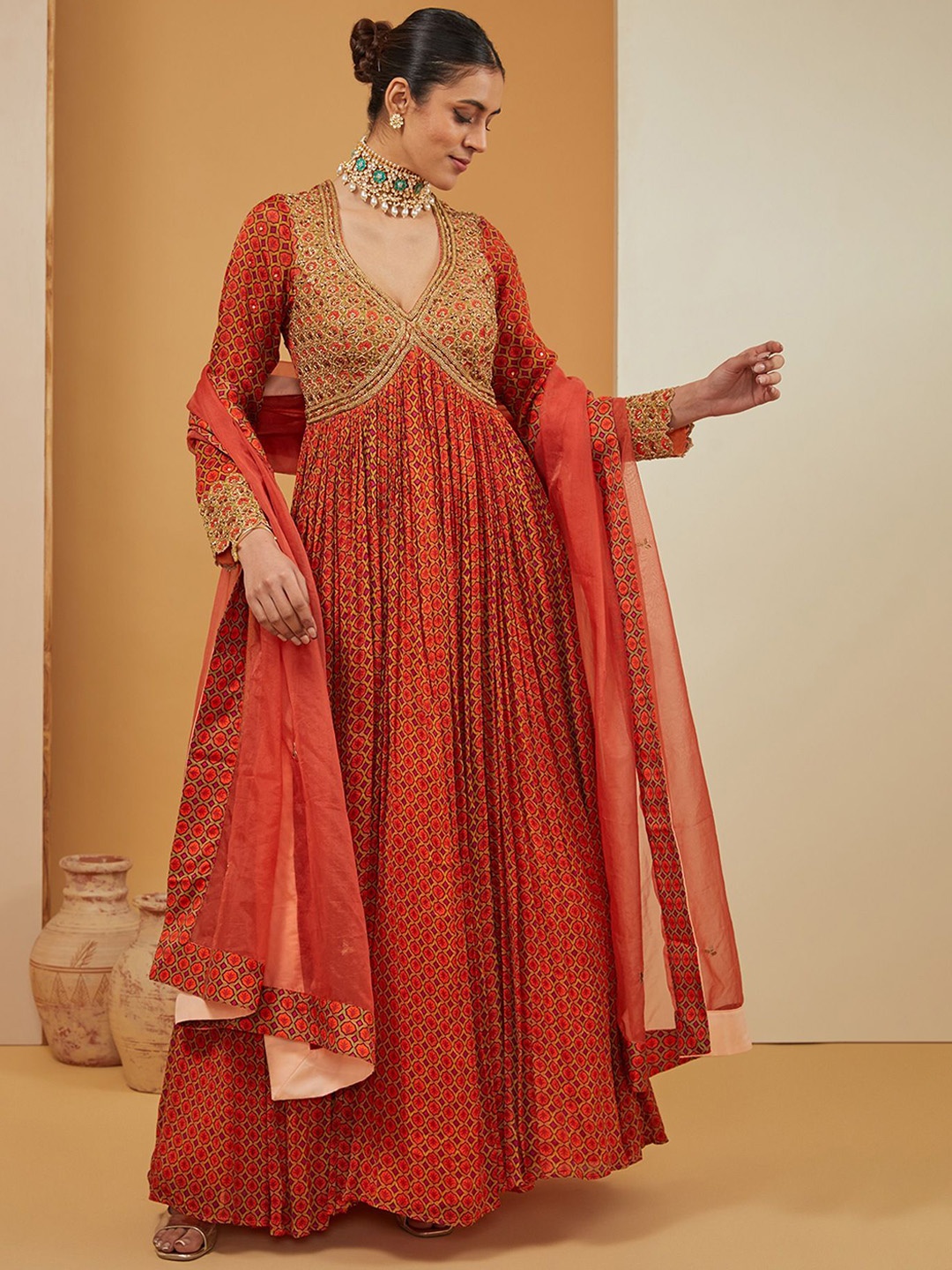 

neha khullar Women Ethnic Motifs Printed Handloom Anarkali Kurta, Orange