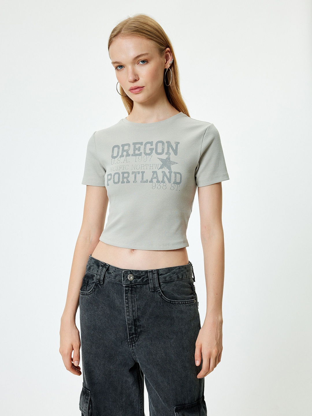 

Koton Women Typography Printed Hood Cotton Oversized T-shirt, Grey