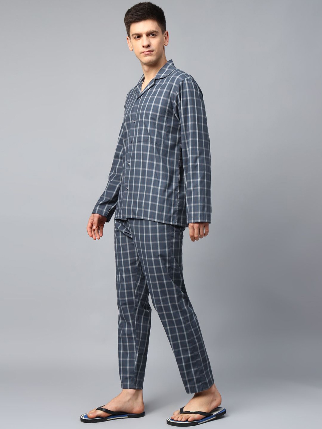 

English Navy Men Wrinkle Resistant Checked Lapel Collar Night suit, Grey
