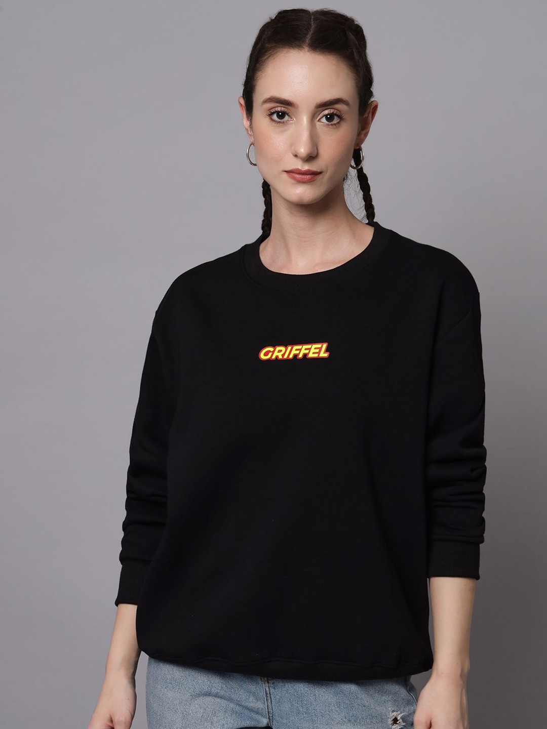 

GRIFFEL Women Typography Printed Round Neck Sweatshirt, Black