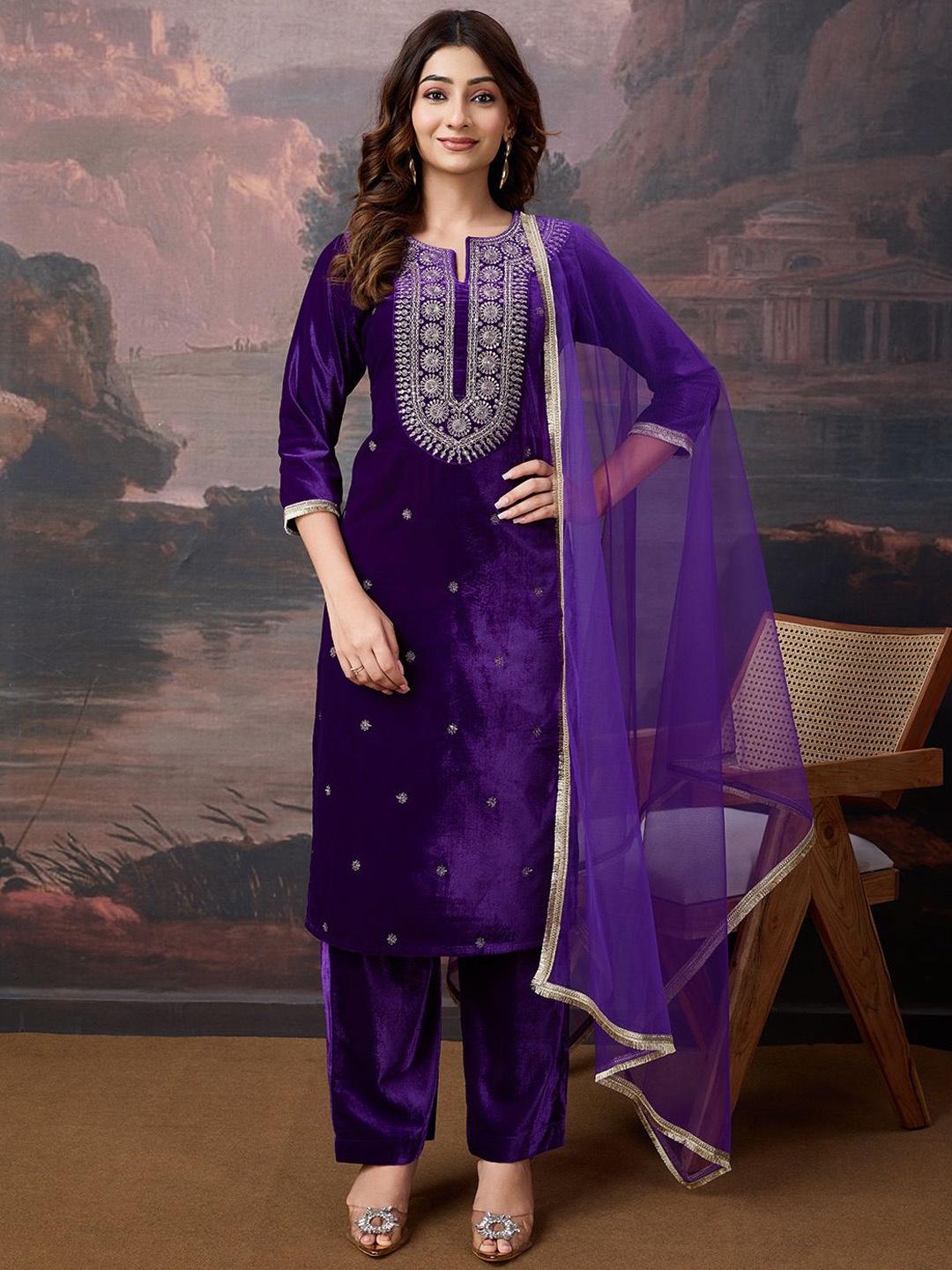 

House of Pataudi Women Embroidered Kurta & Trouser With Dupatta, Purple