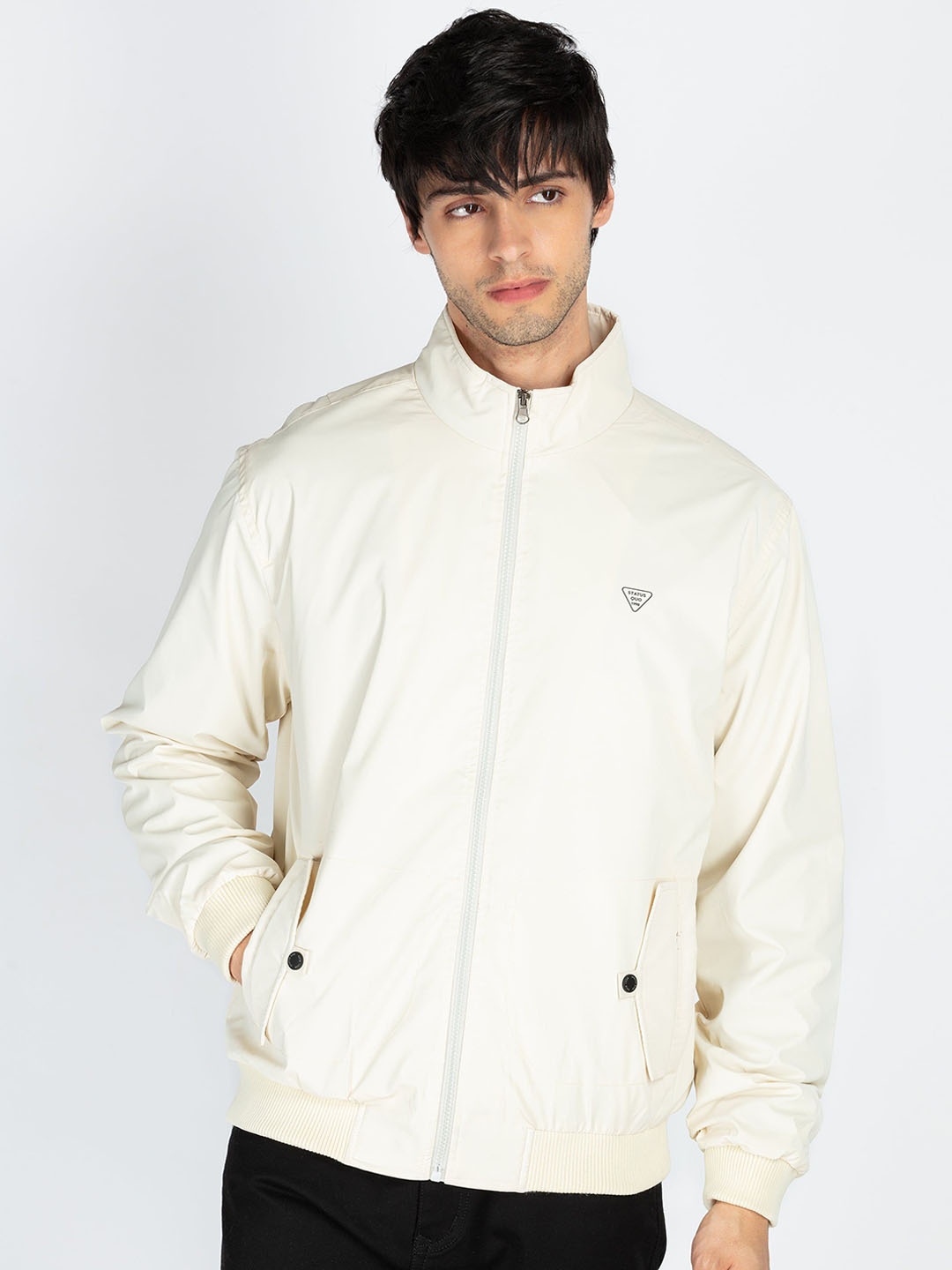 

Status Quo Men Mock Collar Bomber Jacket, Off white