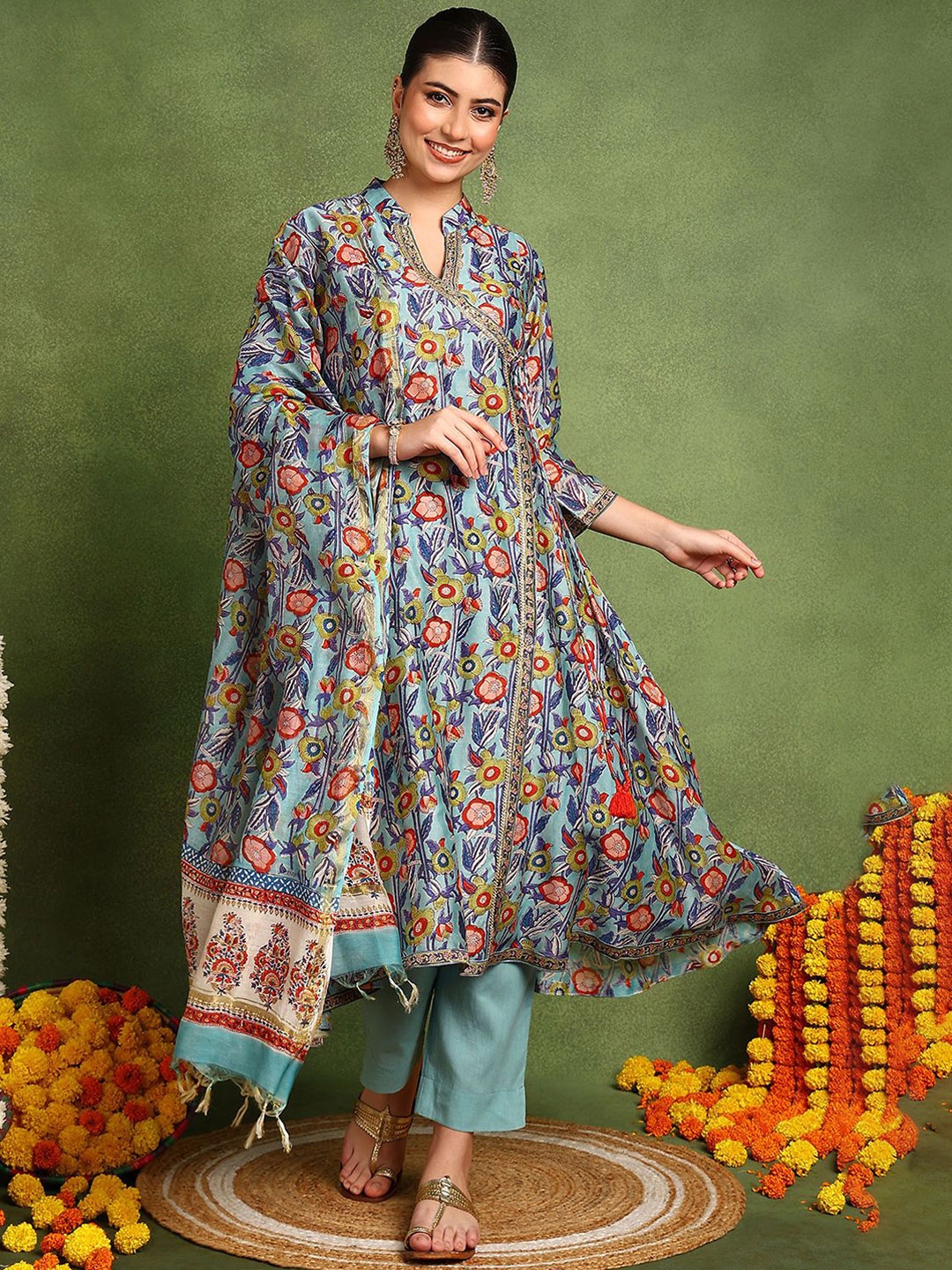 

Tahiliya Floral Printed Chanderi Silk Anarkali Kurta, Blue