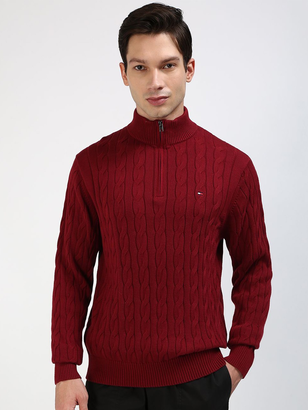 

Tommy Hilfiger Men Cotton Cable Knit Self Design Mock Collar Pullover, Red