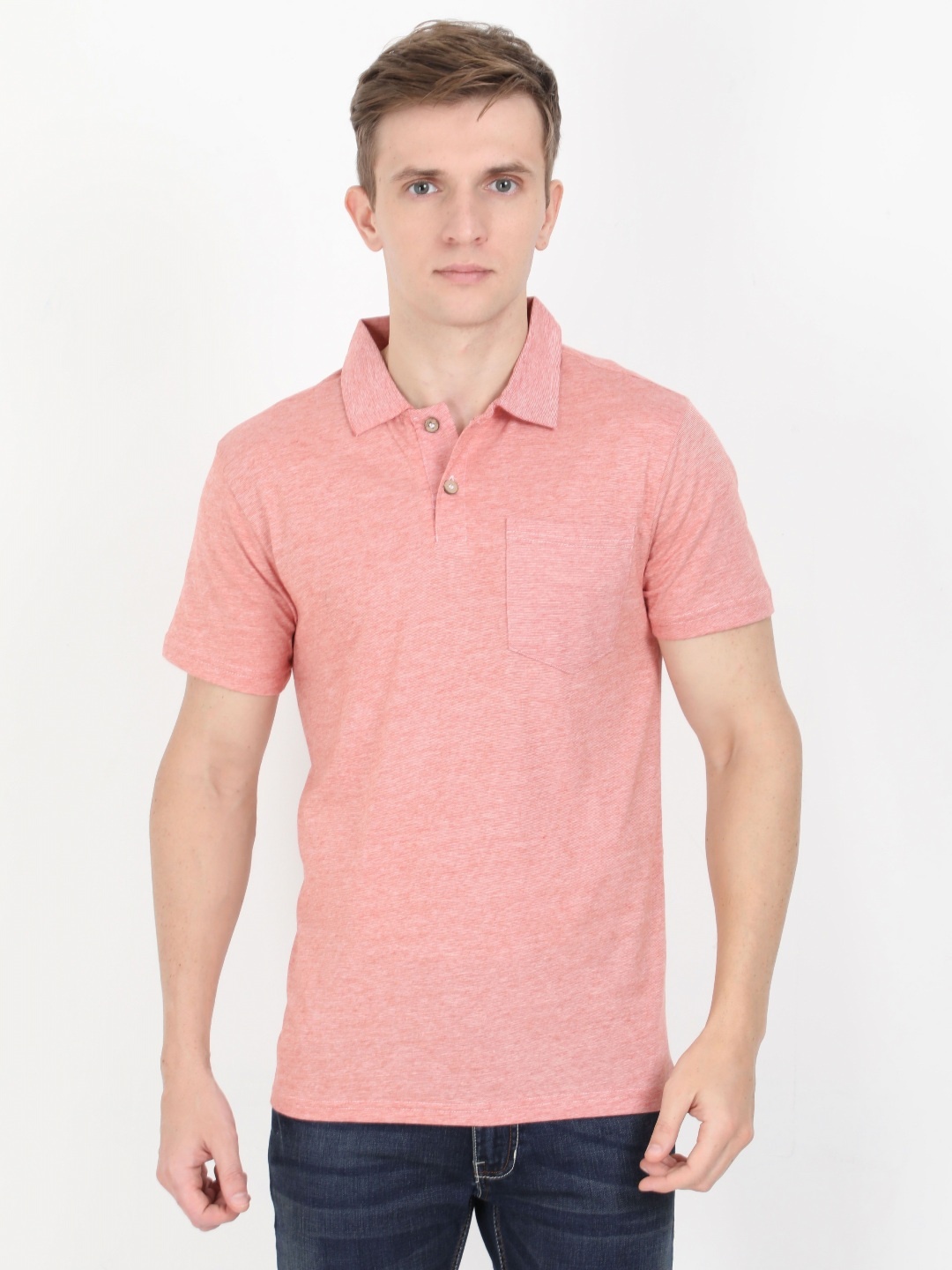 

ECOLINE Clothing Men Antimicrobial Solid Polo Collar Cotton T-shirt, Peach