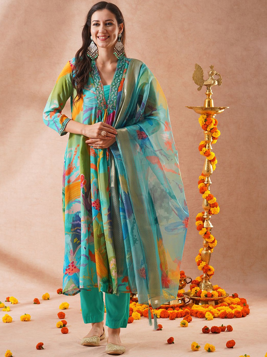 

FASHOR Floral Printed Empire Sequinned A-Line Kurta With Trouser & Dupatta, Turquoise blue