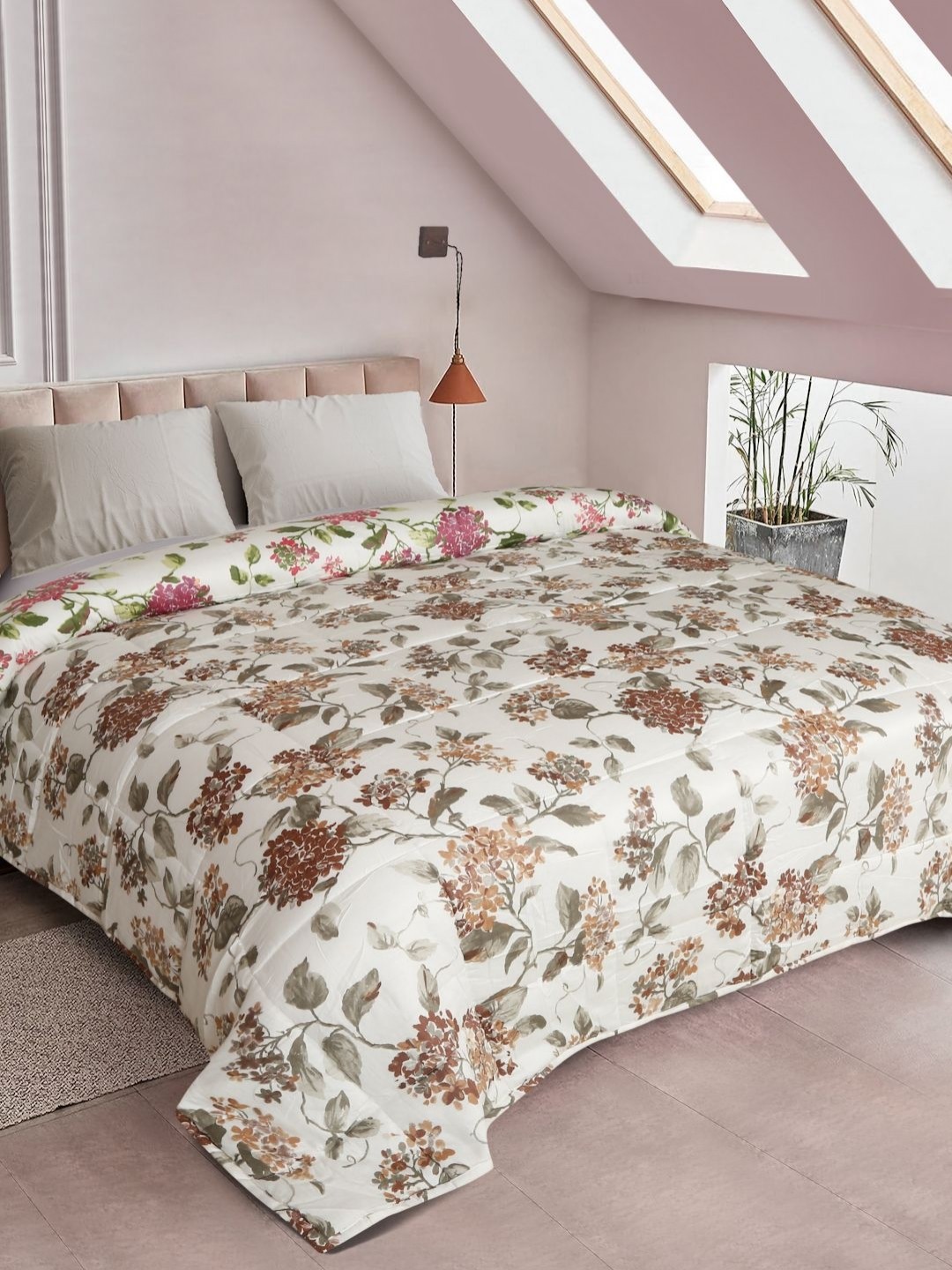

ROSARA HOME White and Brown Floral Cotton AC Room Reversible Blankets Quilts and Dohars