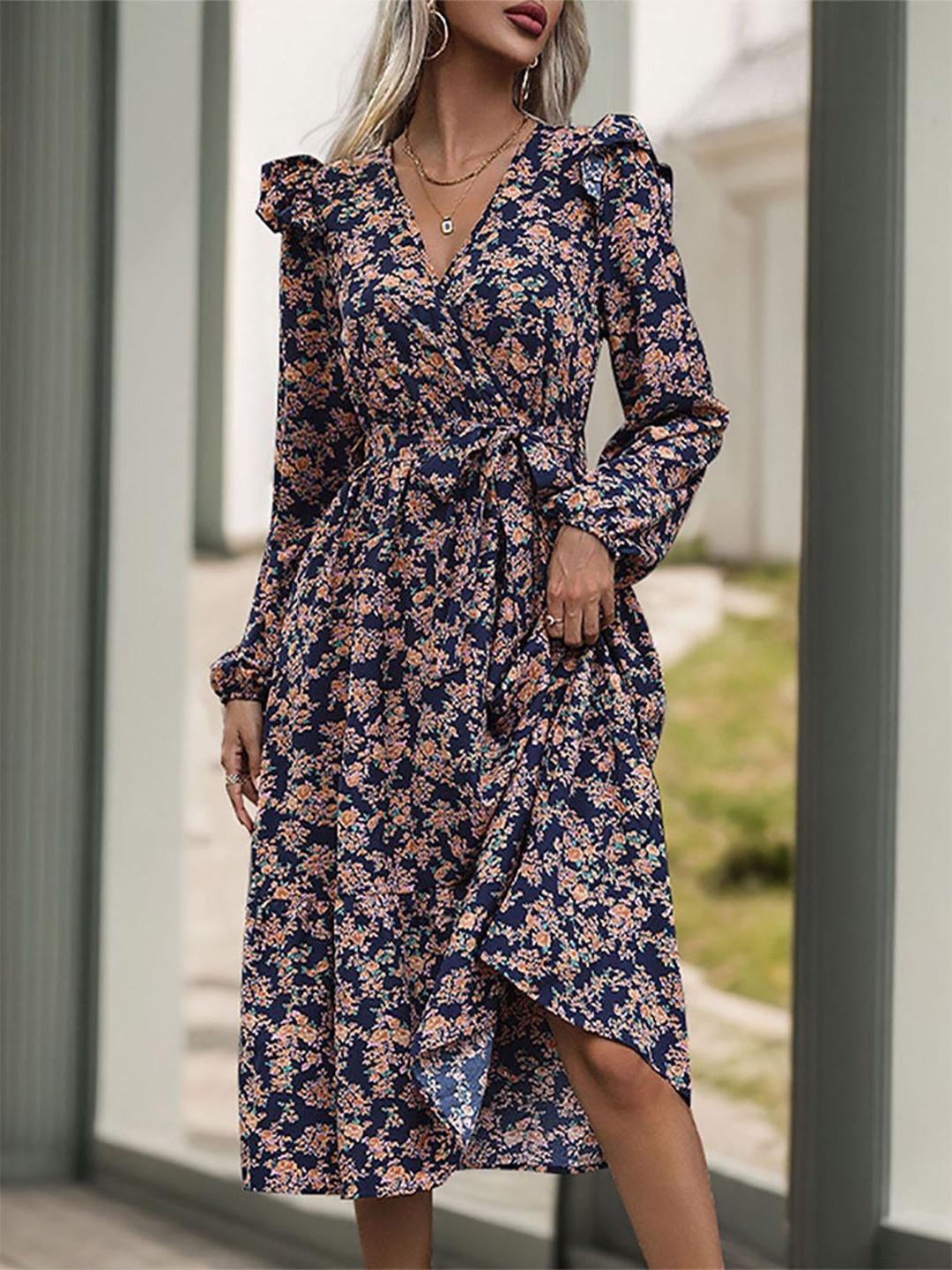 

StyleCast x Revolte Women Floral Print Puff Sleeve A-Line Midi Dress, Navy blue