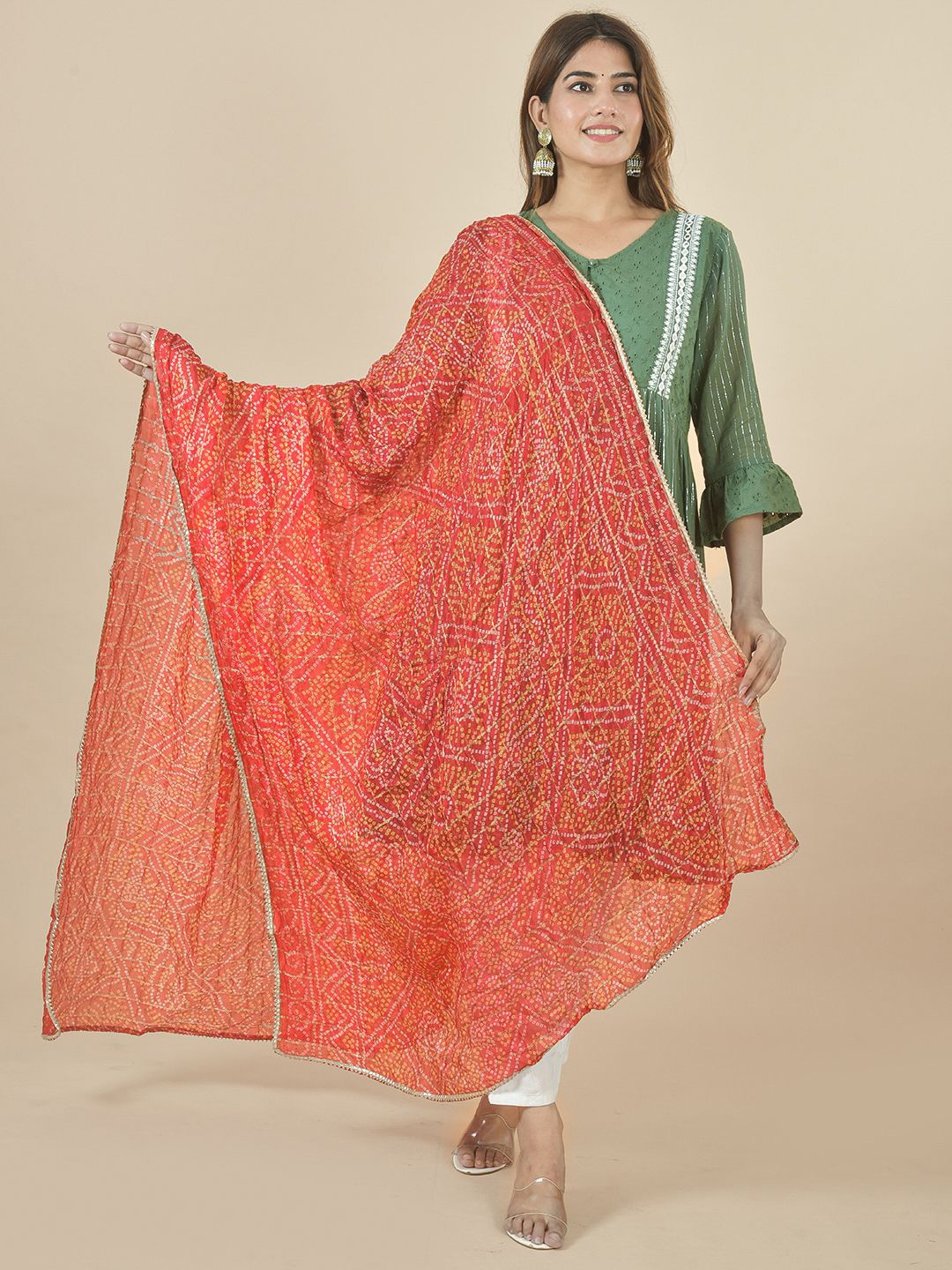 

LA FEMINAE Bandhani Printed Dupatta With Zari, Red