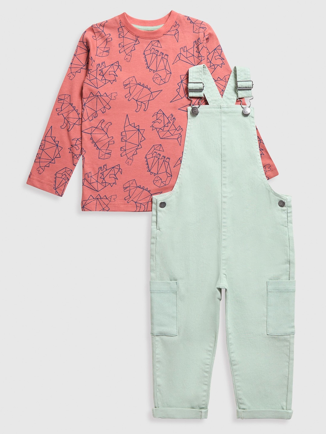 

mothercare Infant Boys Printed Pure Cotton Dungarees With T-Shirt, Green