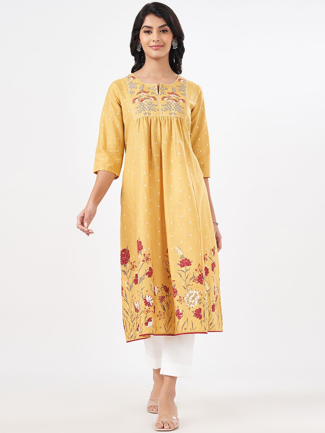 

RANGMANCH BY PANTALOONS Women Floral Printed Flared Sleeves Sequinned Kurta, Yellow