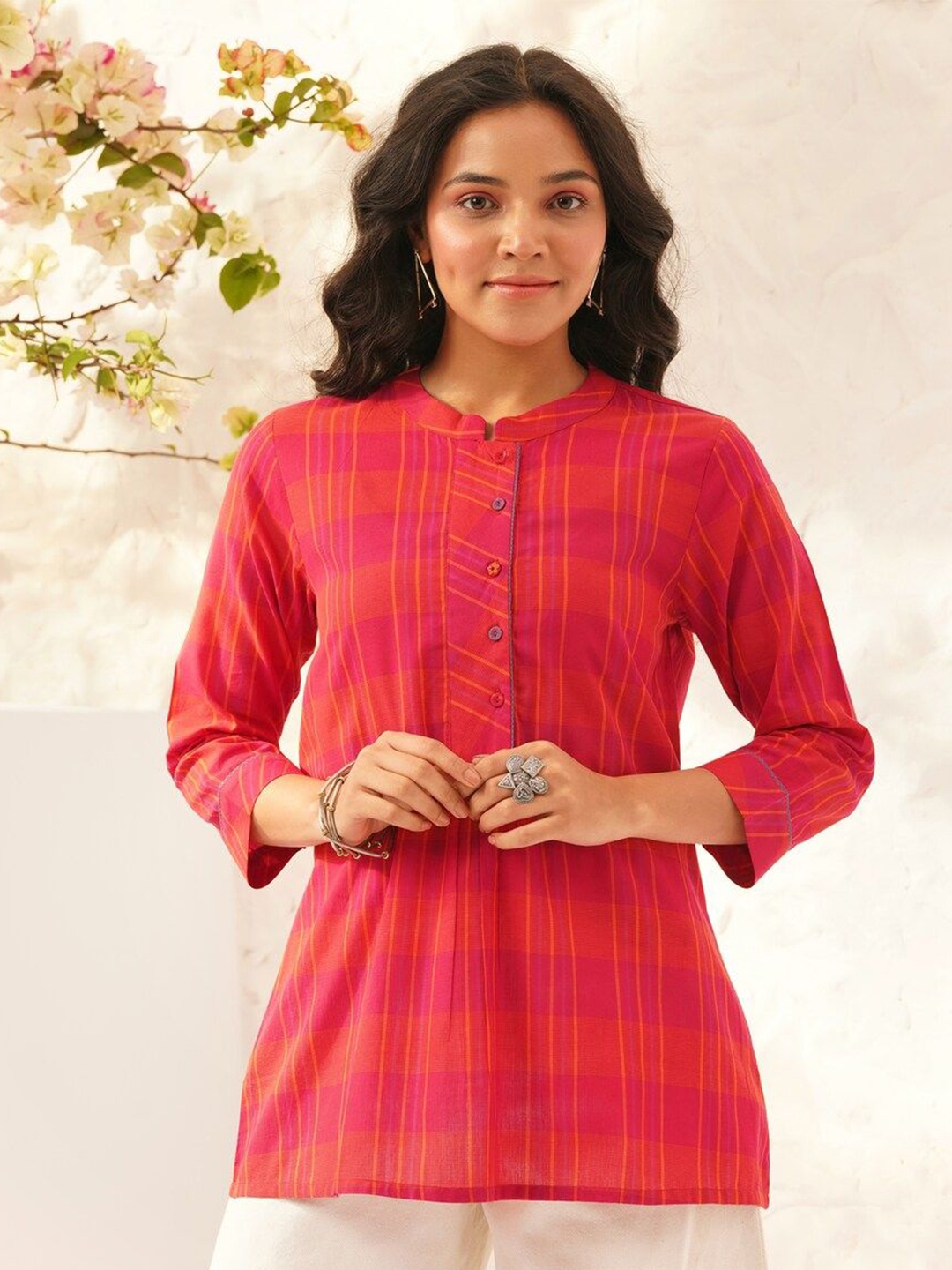 

JAYPORE Mandarin Collar Checked Tunic, Pink