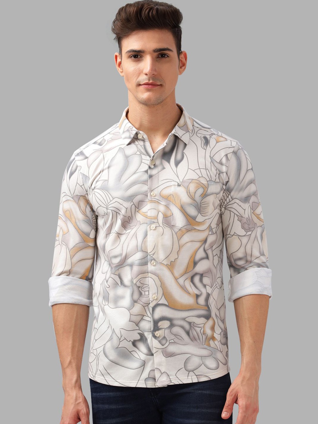 

BULLMER Men Spread Collar Floral Printed Cotton Casual Shirt, White