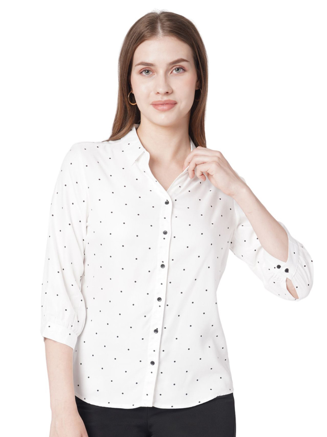 

Kraus Jeans Women Spread Collar Micro Ditsy Printed Slim Fit Casual Shirt, Off white