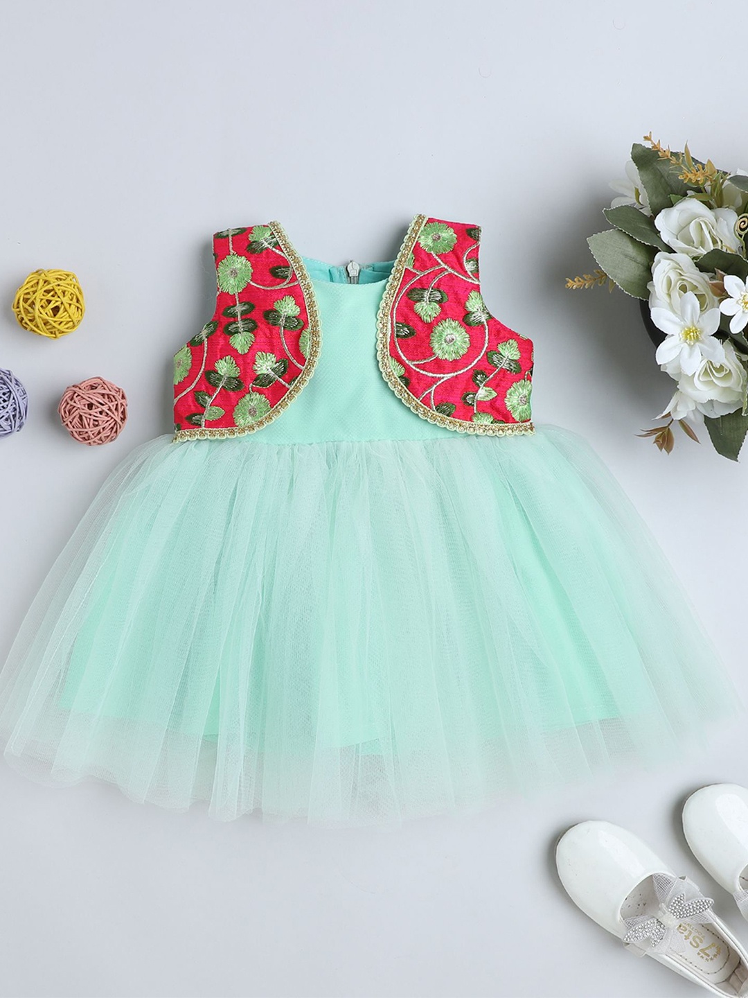 

MANY FROCKS & Girls Net Round Neck Fit & Flare Dress, Green