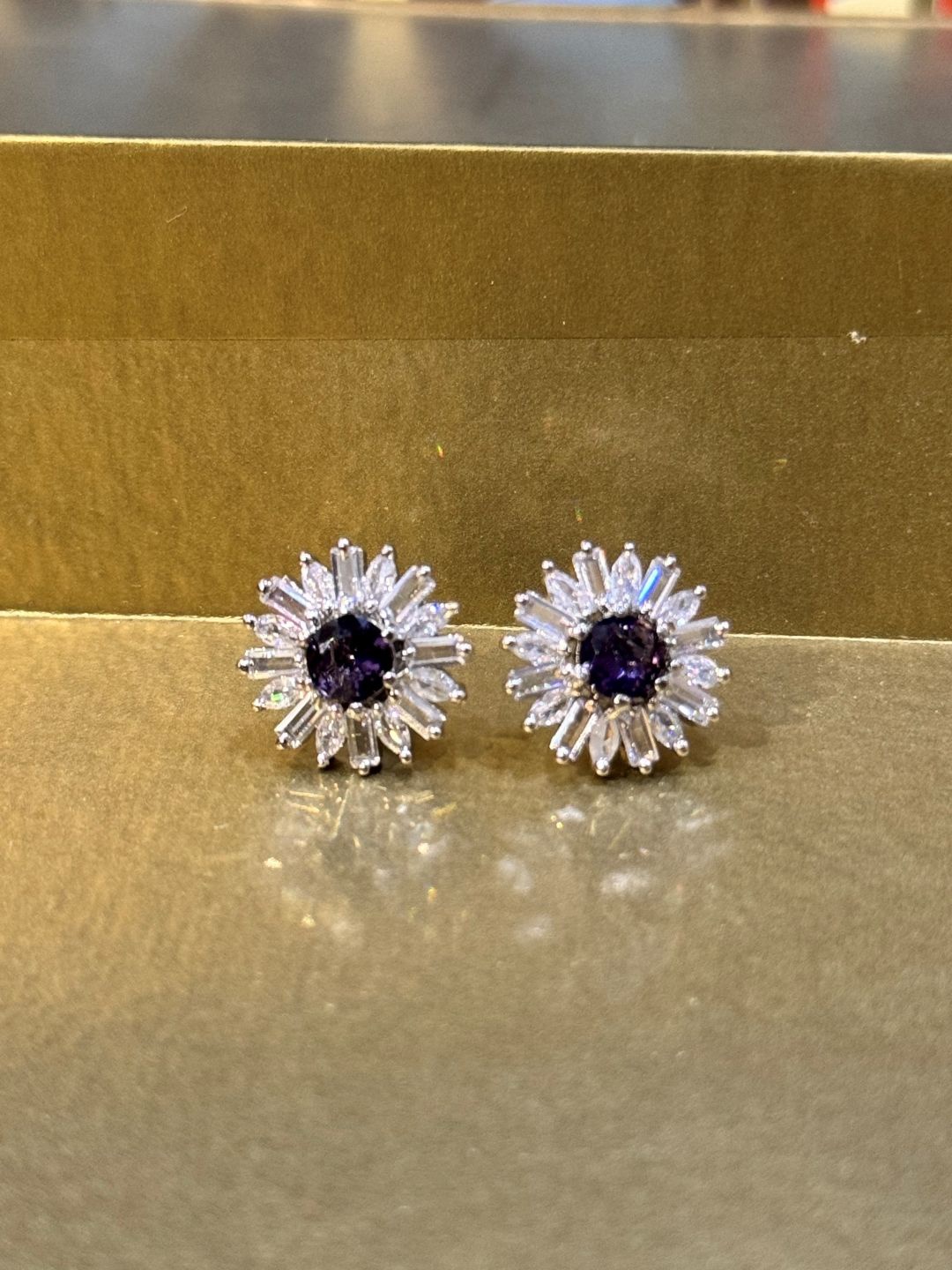 

The Jewellery Tale American Diamond Studded Floral Stud Earrings, Purple