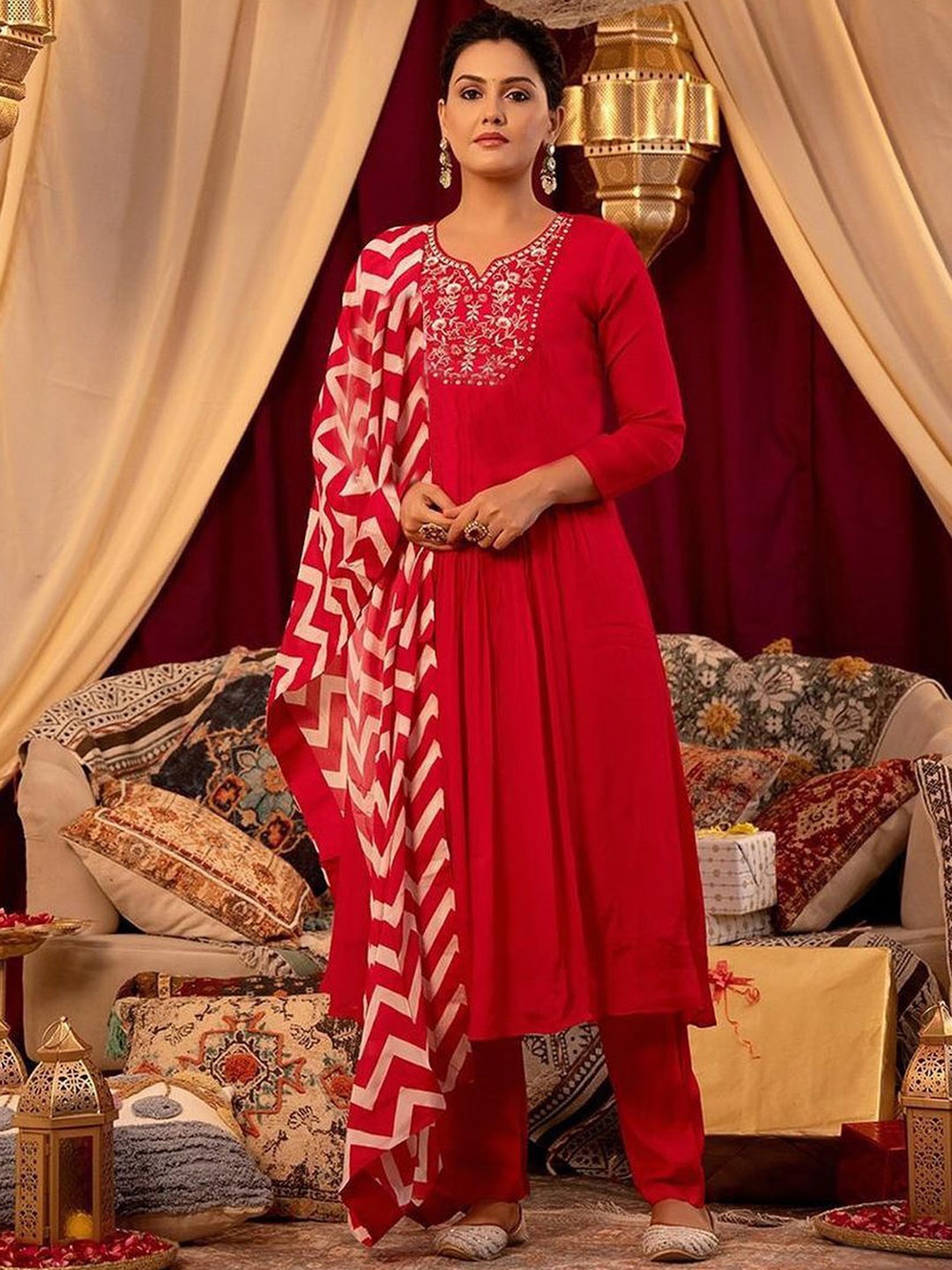 

Anni Designer Women Embroidered Anarkali Kurta With Trousers & Dupatta, Red