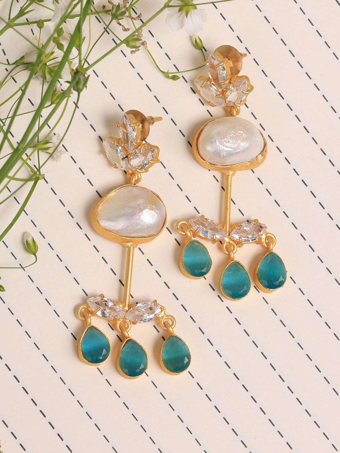 

ROYAL PITARAH Gold Plated Pearl Contemporary Drop Earrings, Turquoise blue