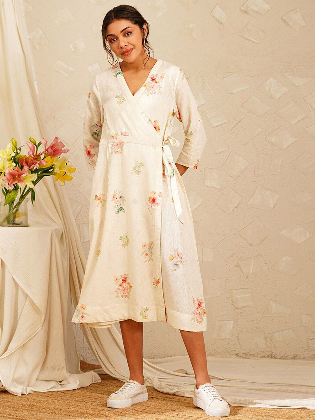

JAYPORE Floral Print Midi Dress, Off white