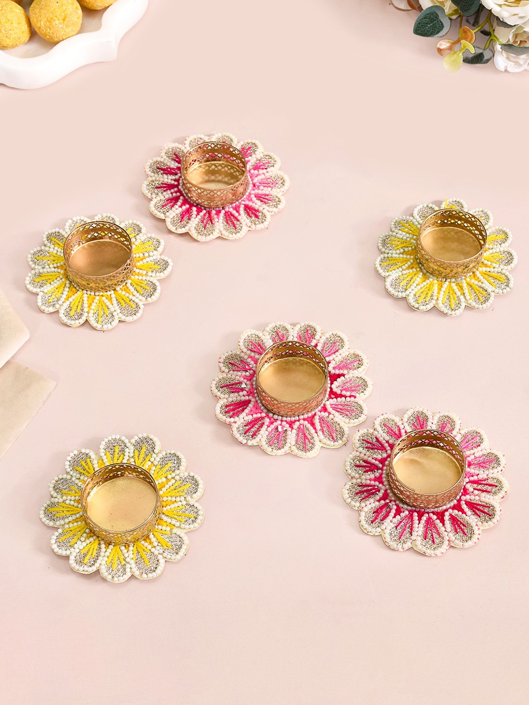 

Nestasia Magenta & Yellow 6 Pieces Pearl Beaded Tea Light Candle Holders