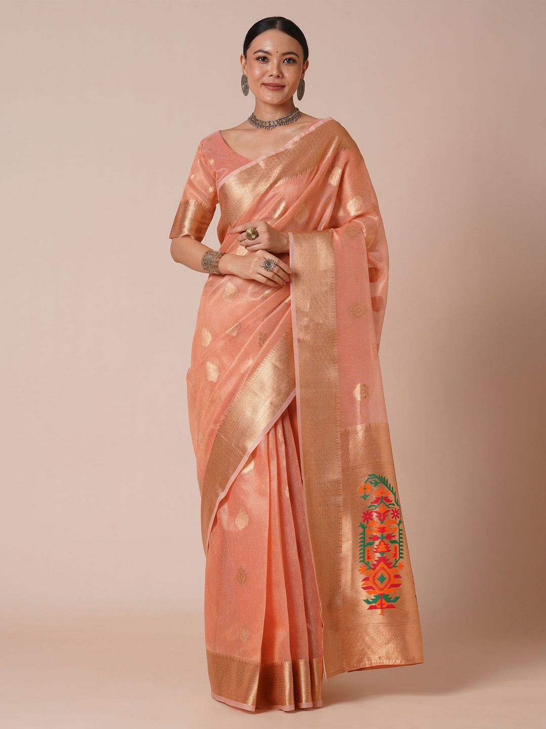 

House of Pataudi Tissue Woven Design banarasi Saree, Peach