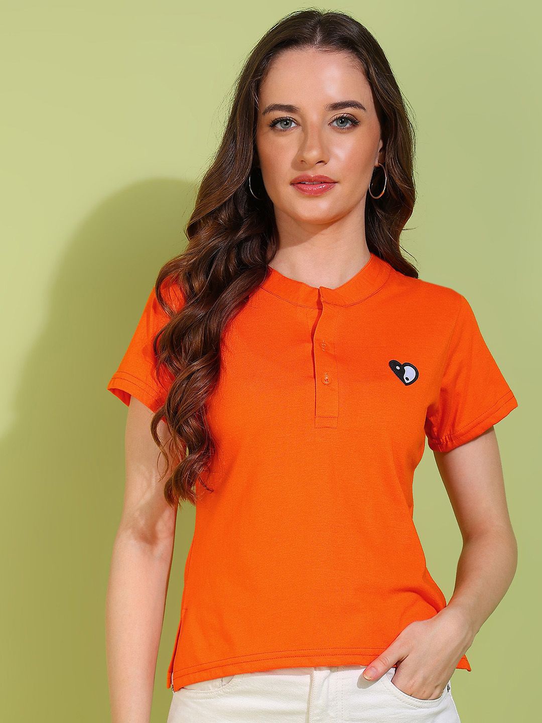 

DressBerry Women Solid Mandarin Collar Cotton Top, Orange