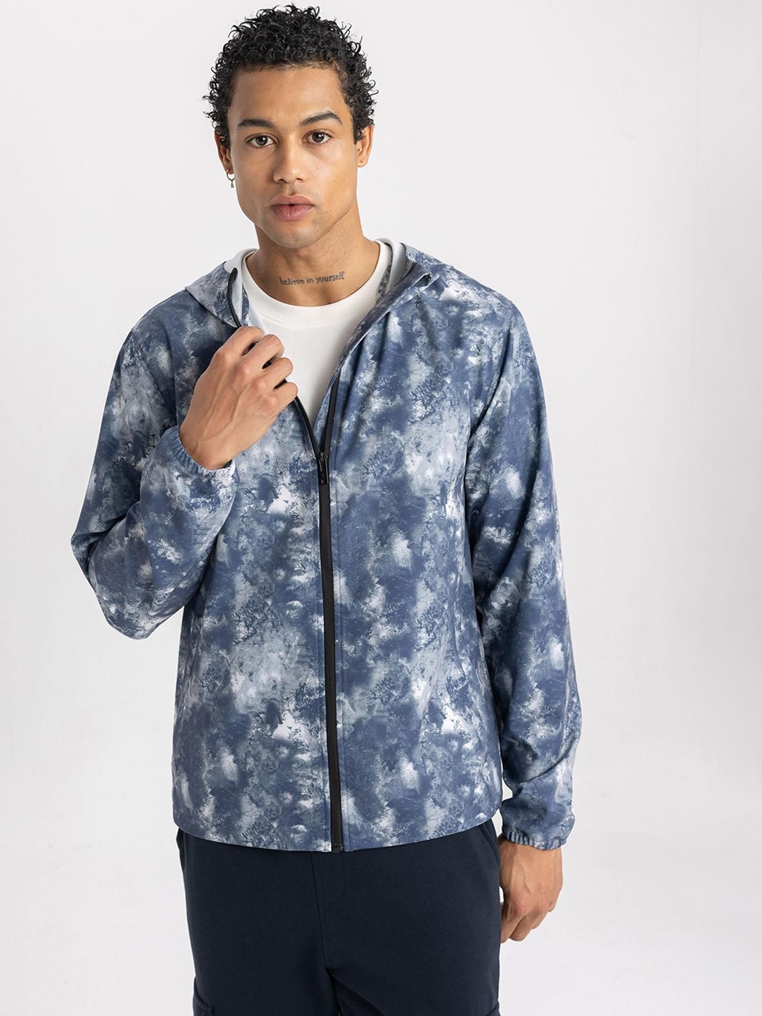 

DeFacto Men Cotton Striped Bomber with Patchwork Jacket, Blue