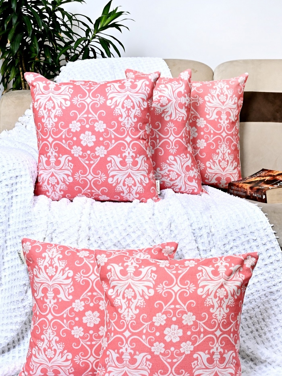 

ANWYN Pink & White 5 Pieces Ethnic Motifs Cotton Square Cushion Covers