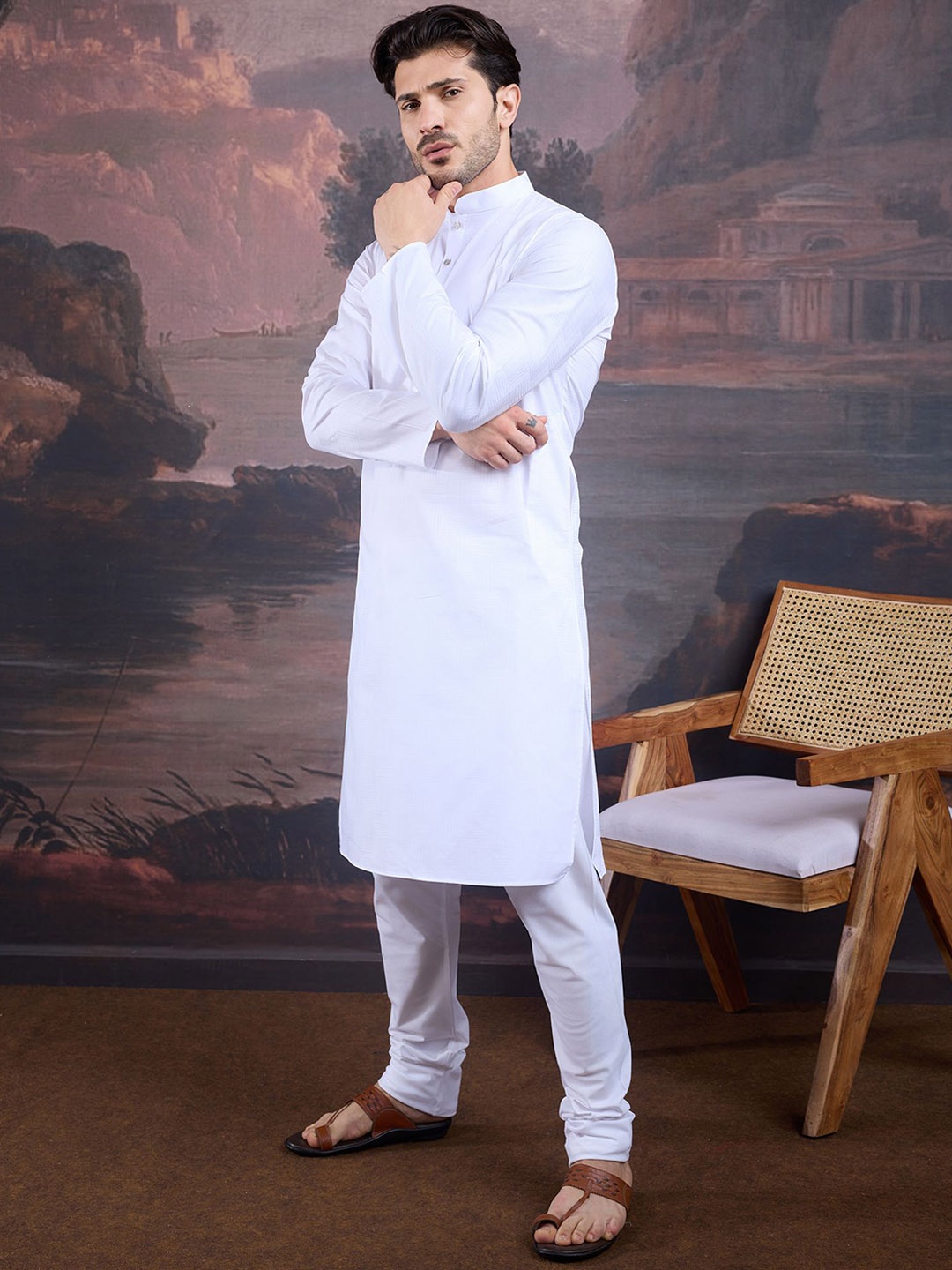 

House of Pataudi Geometric Woven Design Mandarin Collar Straight Kurta With Churidar, White