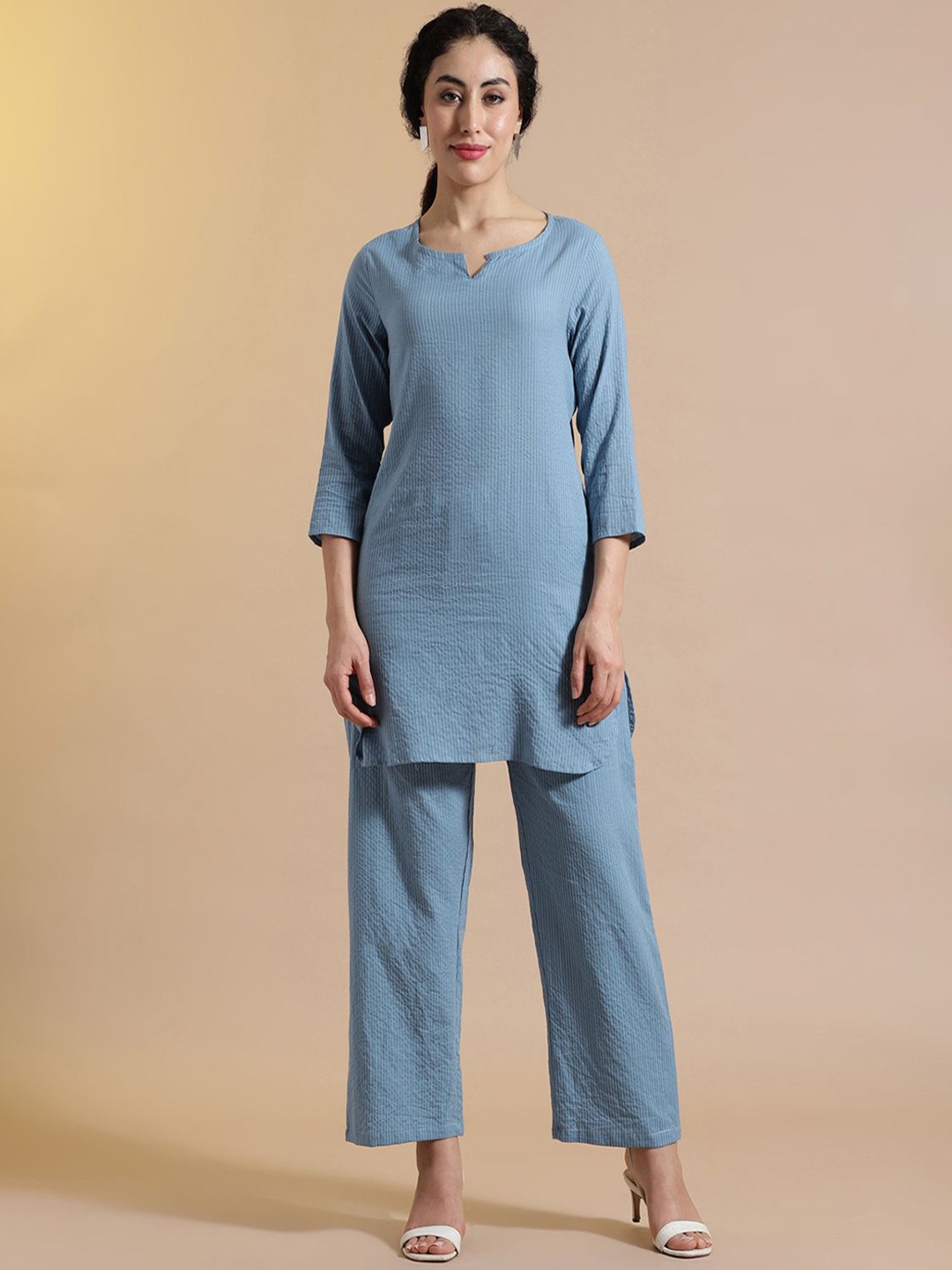 

STYLEBAAZI Women Striped Regular Kantha Work Pure Cotton Kurti with Trousers, Blue