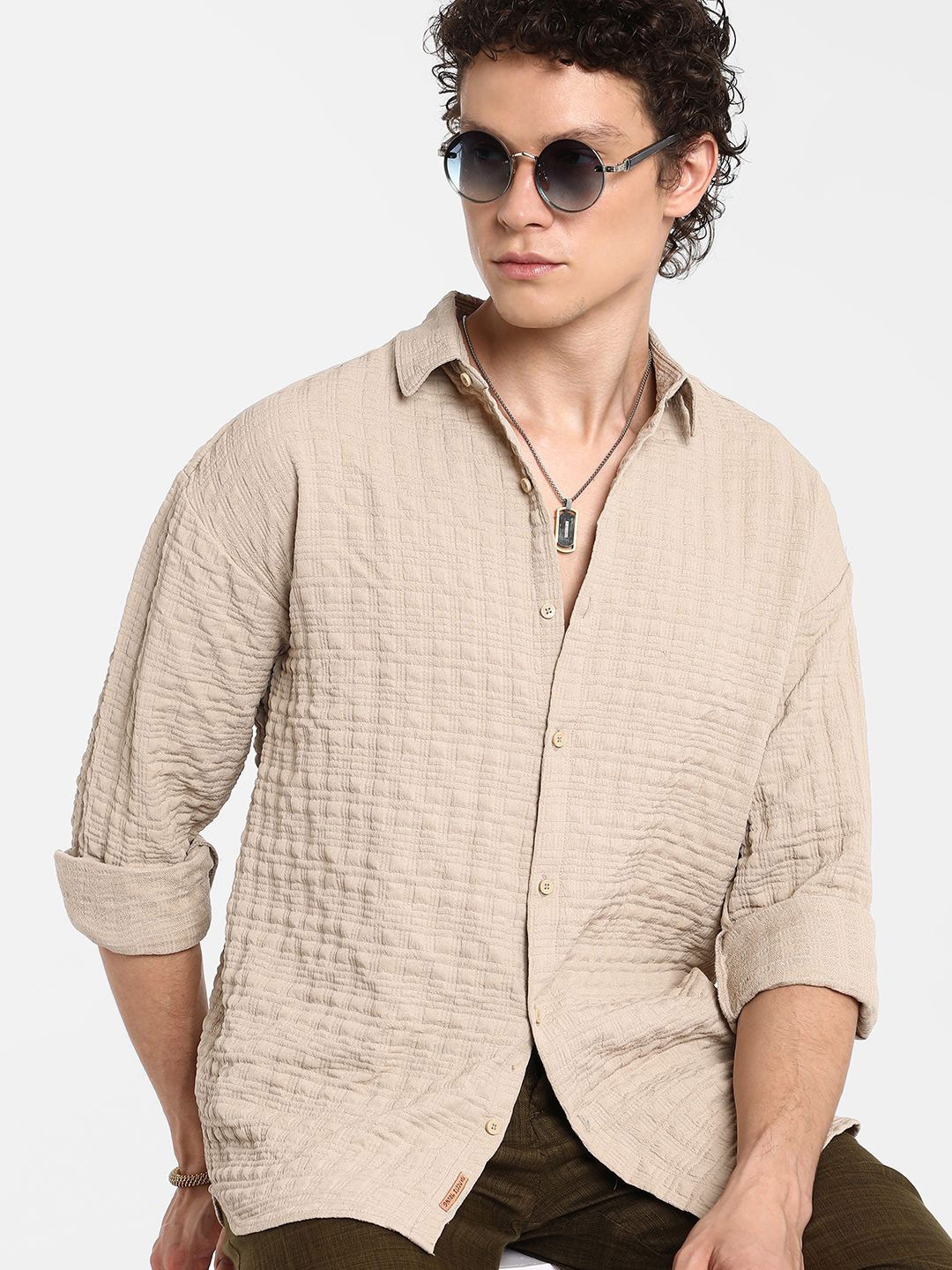 

Campus Sutra Men Comfort Spread Collar Textured Casual Shirt, Beige