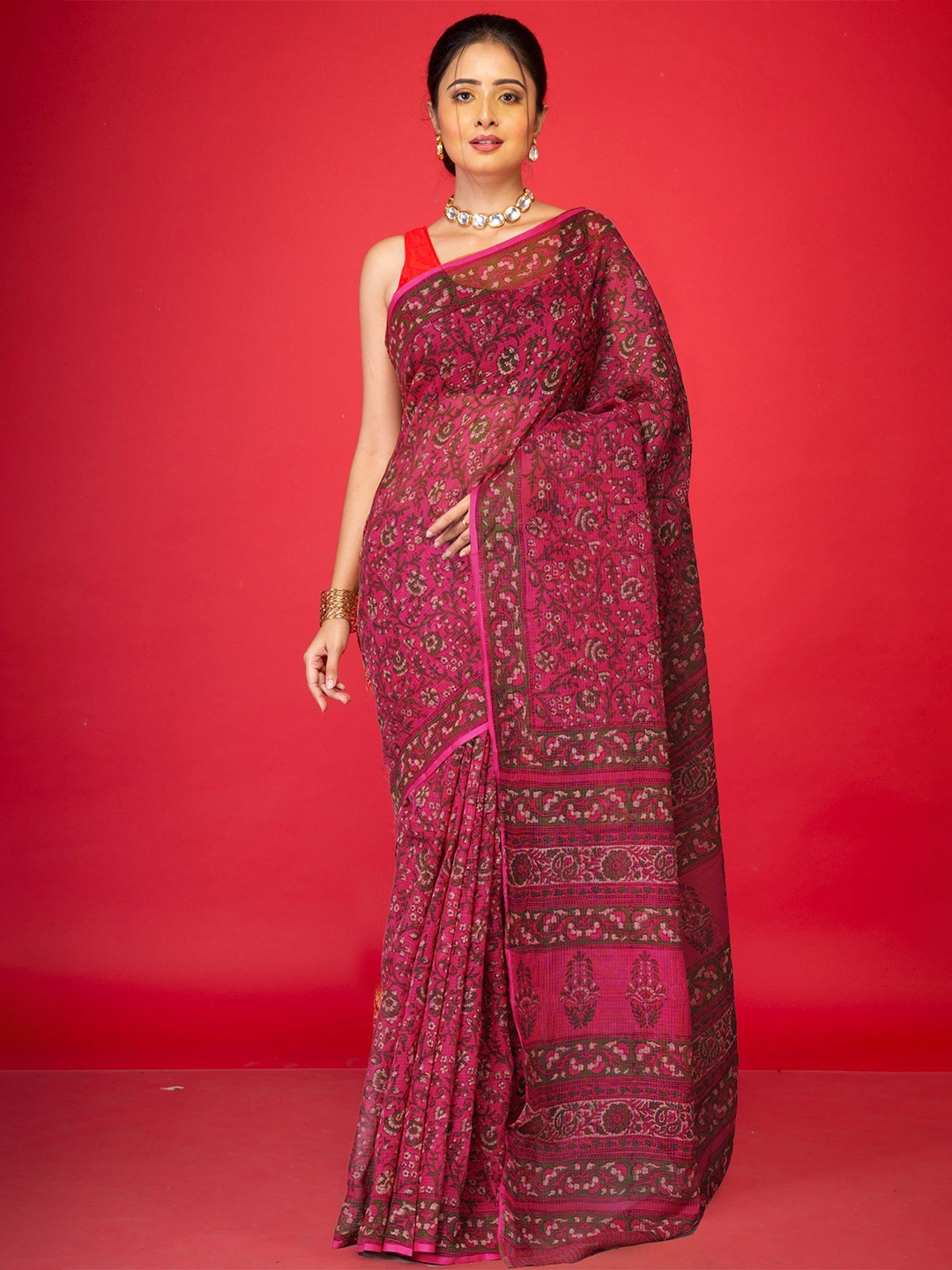

Unnati Silks Ethnic Motifs Net Handloom Kota Saree, Pink