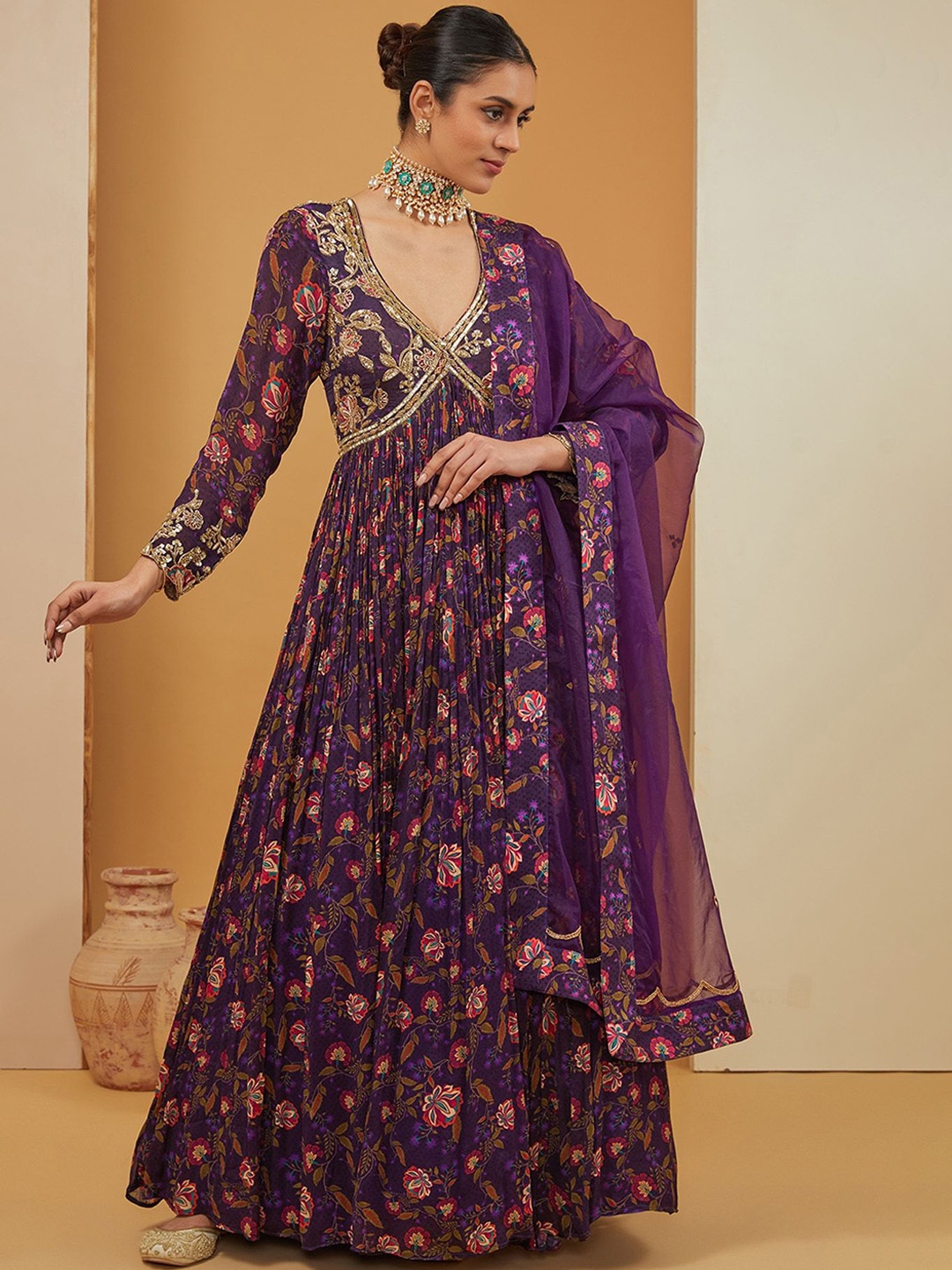 

neha khullar Women Floral Printed Flared Sleeves Handloom Anarkali Kurta, Purple