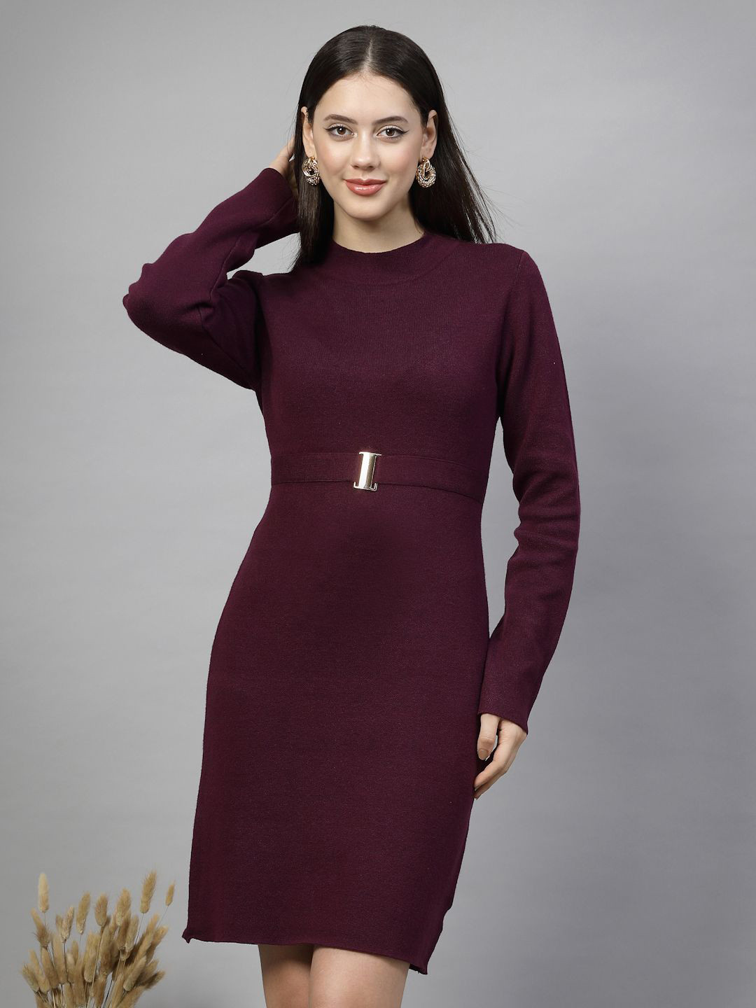 

Mafadeny Women High Neck Solid Bodycon Dress come with belt, Purple