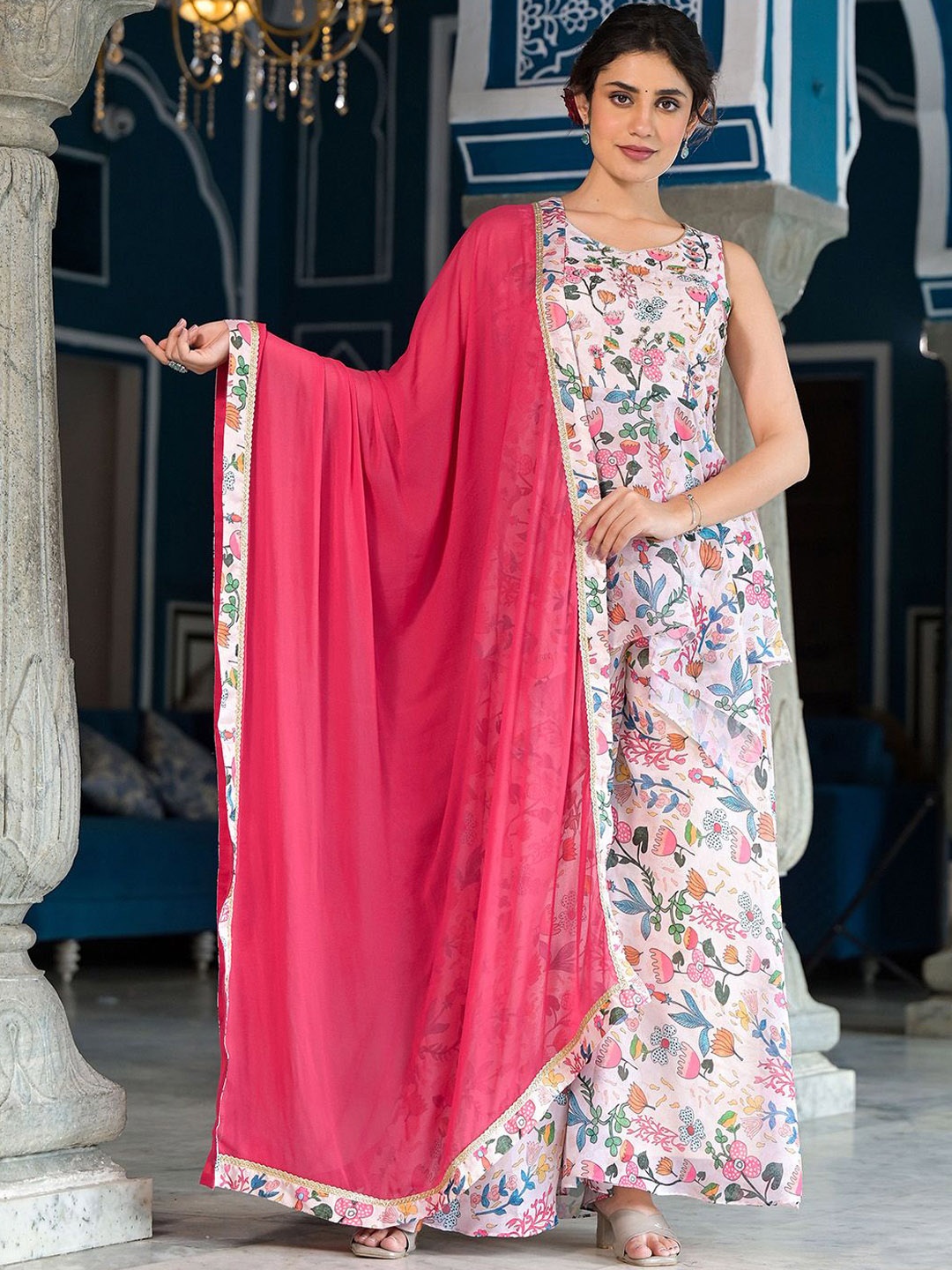 

Ishin Floral Printed Beads and Stones Kurta with Palazzos & Dupatta, Off white
