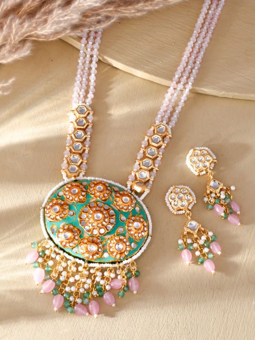 

DASTOOR Gold-Plated Stone-Studded & Beaded Jewellery Set