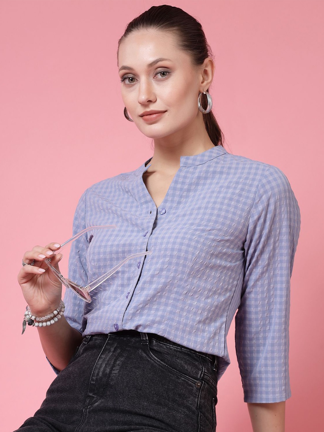 

BEING NAUGHTY Women Comfort Mandarin Collar Micro Checked Casual Shirt, Blue