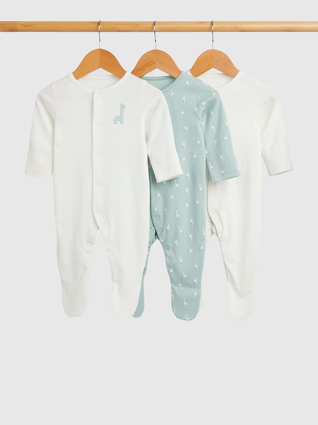 

mothercare Kids Pack of 3 Cotton Printed Sleepsuit, White