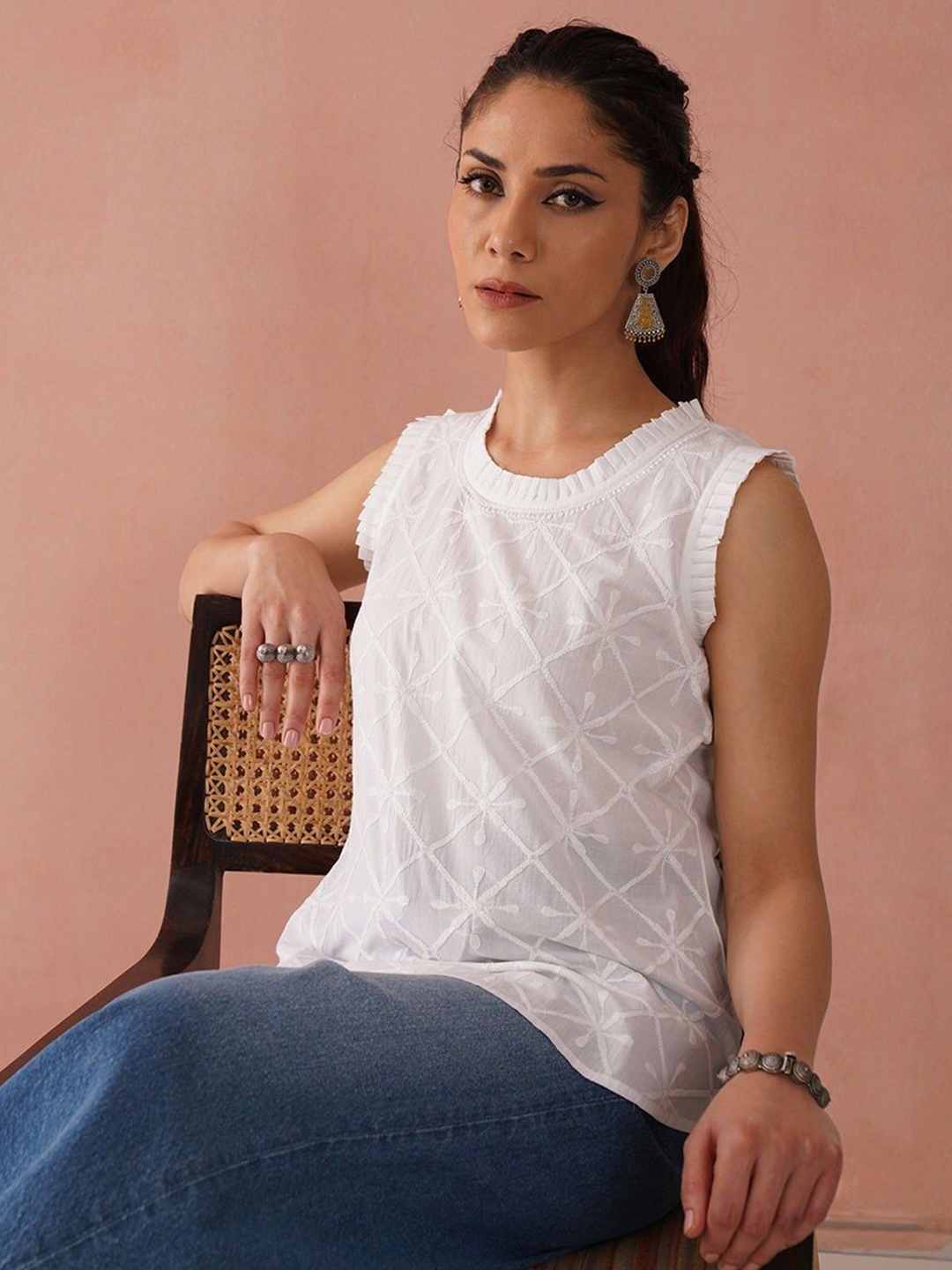

JAYPORE Women Self Design Round Neck Cotton Top, White
