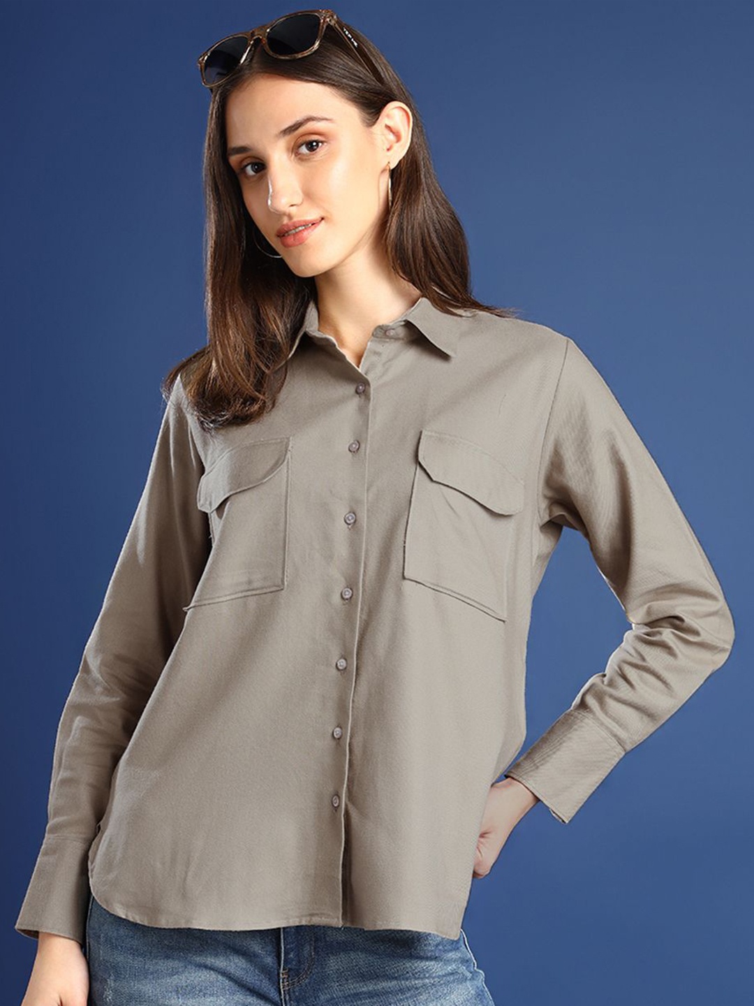 

Hancock Women Relaxed Fit Solid Flannel Twill Pure Cotton Casual Shirt, Beige