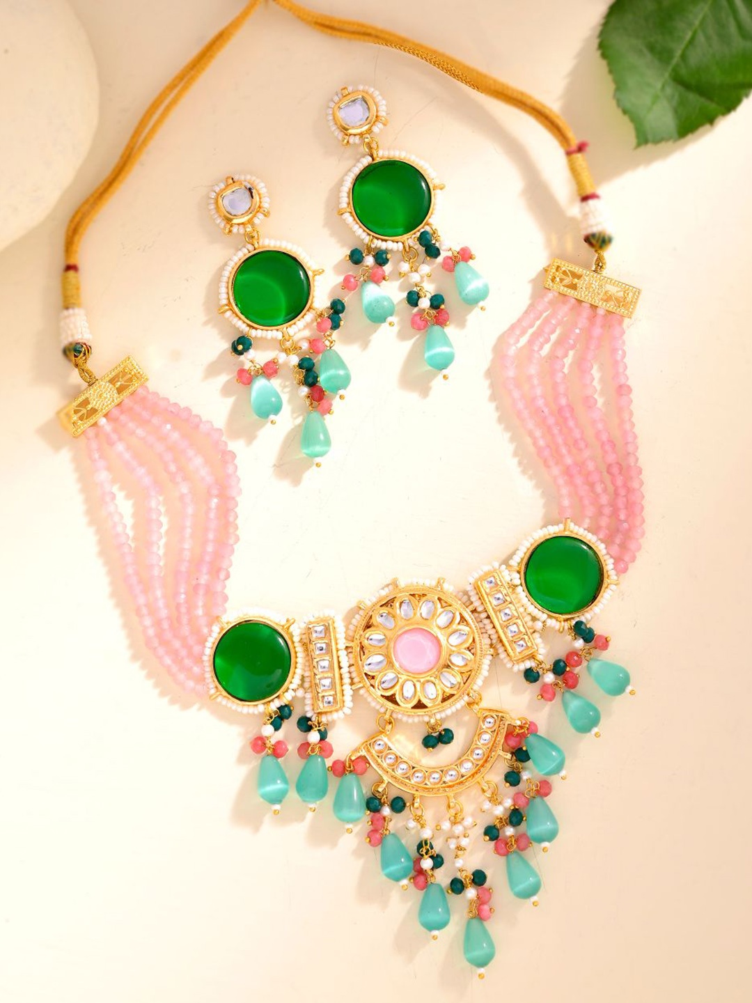 

DASTOOR Gold-Plated Stone-Studded & Beaded Necklace & Earrings