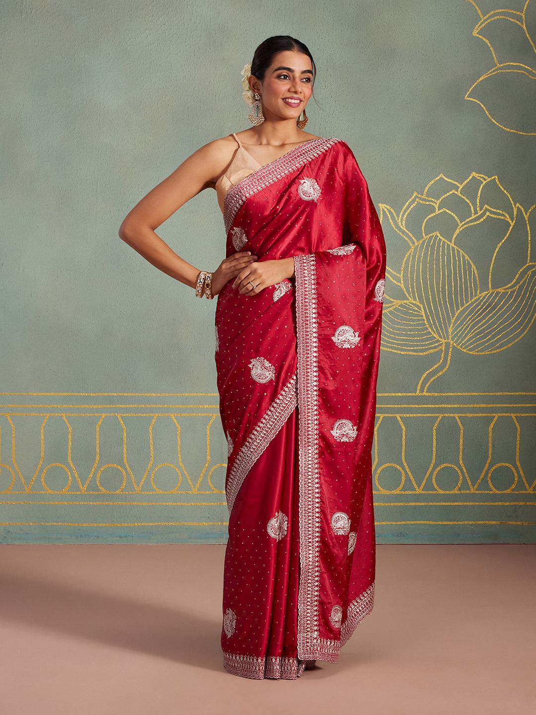 

Likha Floral Embroidered Satin Saree, Red