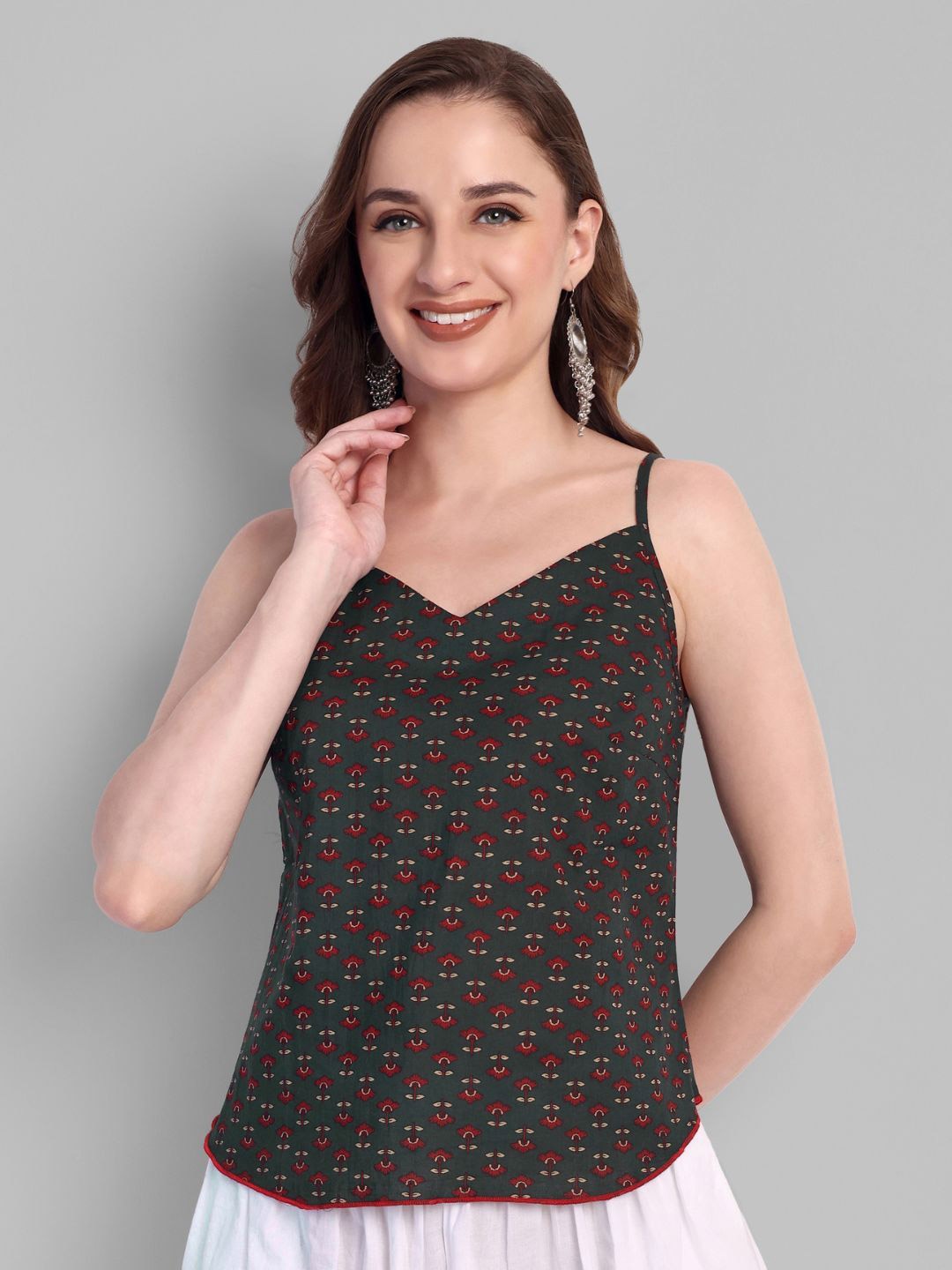 

Mera Rang Women Floral Printed V-Neck Cotton Top, Olive