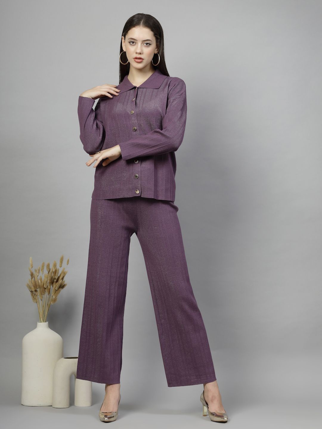 

Mafadeny Shirt Collar Long Sleeve Shirt & Trouser, Purple
