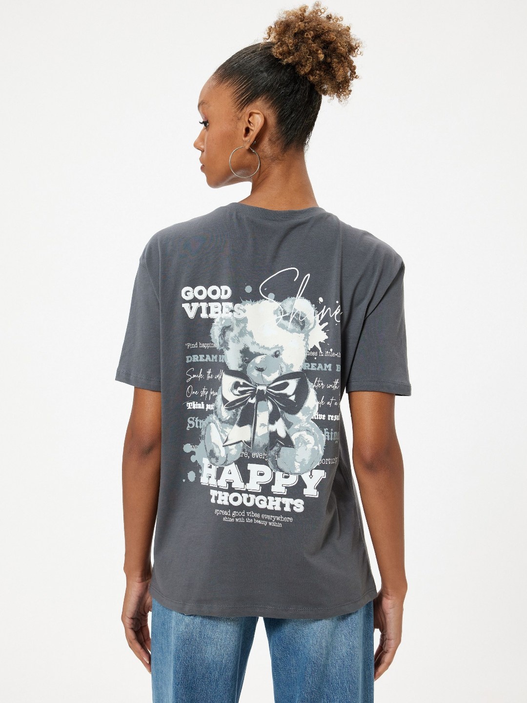 

Koton Women Graphic Printed Round Neck Cotton Oversized T-shirt, Grey