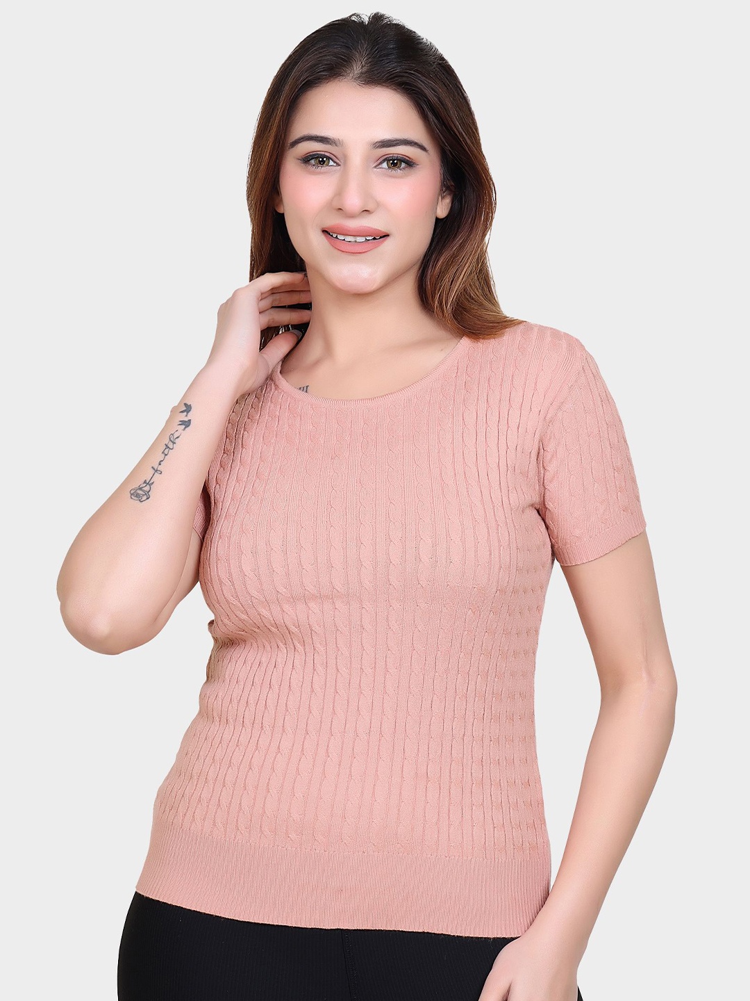 

LEZA Women Self Design Round Neck Cotton Top, Peach