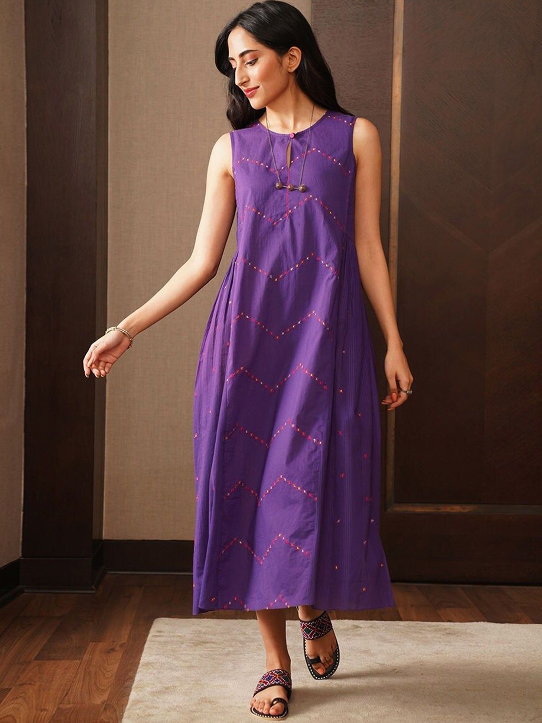 

JAYPORE Embroidered A-Line cotton Midi Dress, Purple