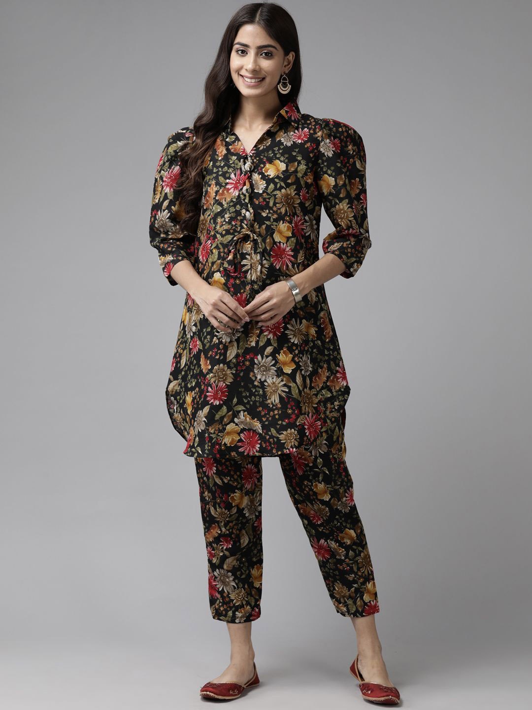 

BAESD Women Printed Top With Trouser Co-Ords Set, Black