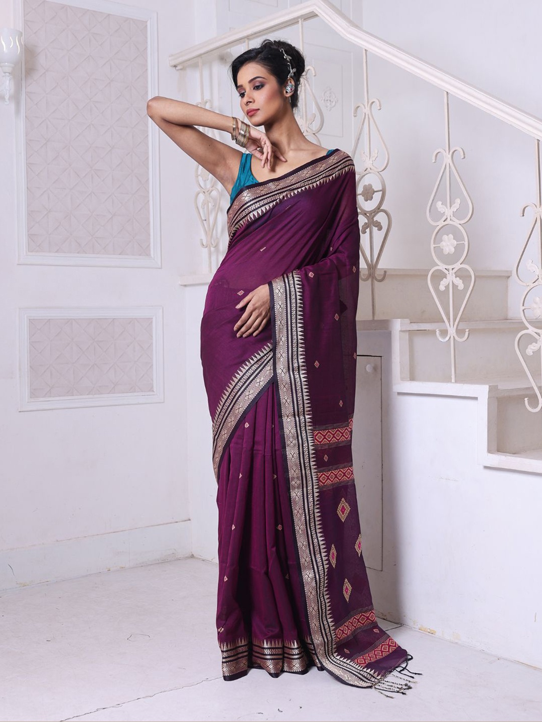 

Charukriti Ethnic Motifs Woven Design Zari Pure Cotton Saree, Purple