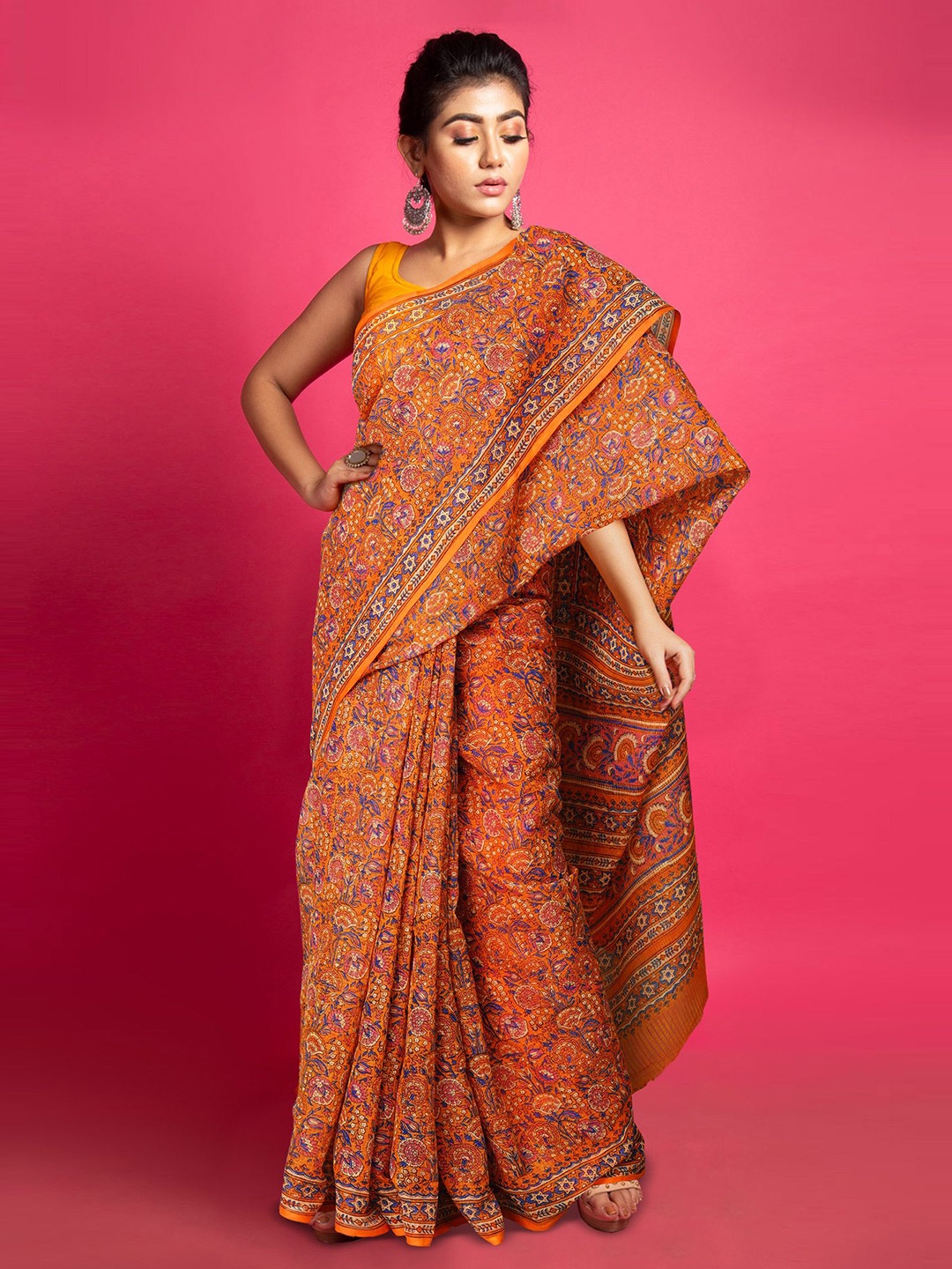 

Unnati Silks Ethnic Motifs Printed Net Handloom Kota Saree, Orange